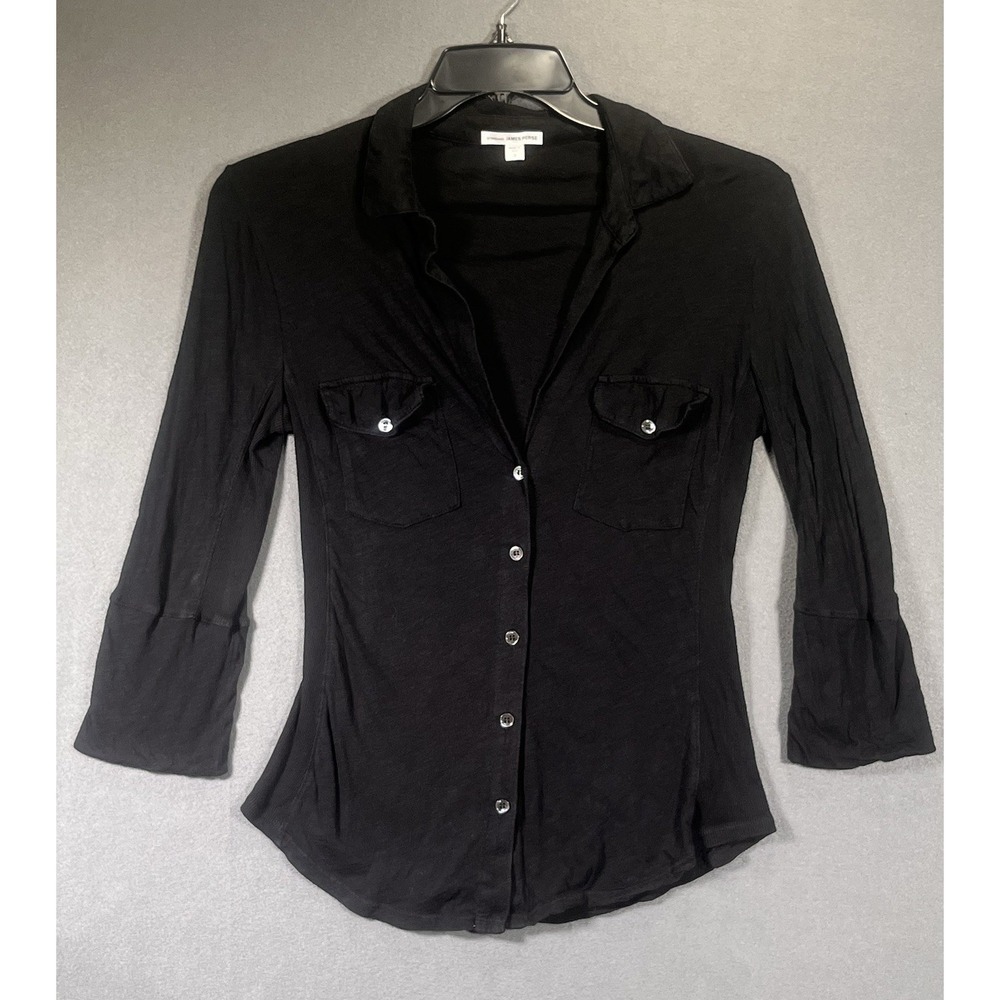 James Perse Women's V-Neck Button Top Black Size 3 100% Cotton T Shirt USA